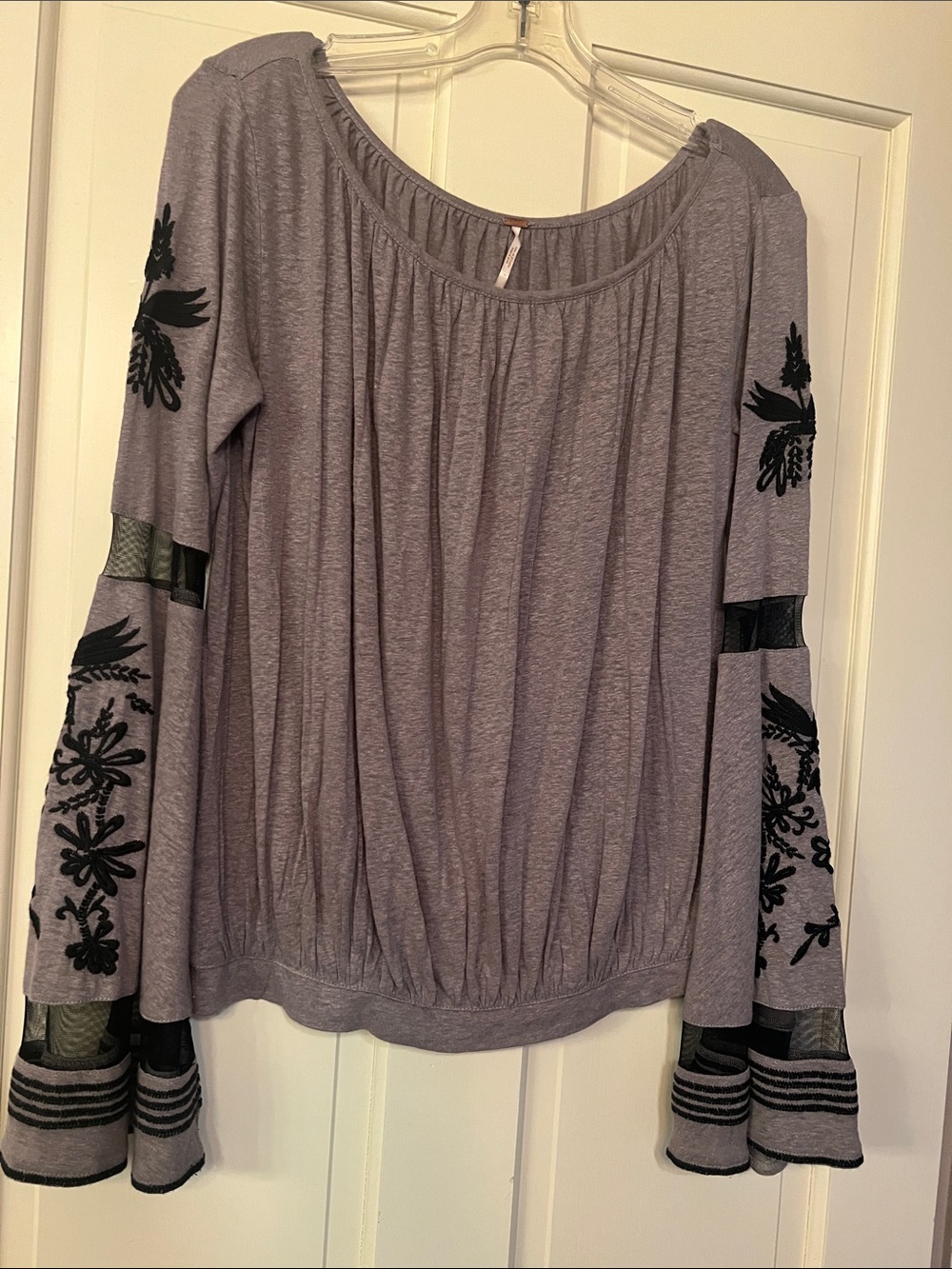 Free People Women's Taupe  Long- Bell Sleeve Embroidered Peasant Top XS